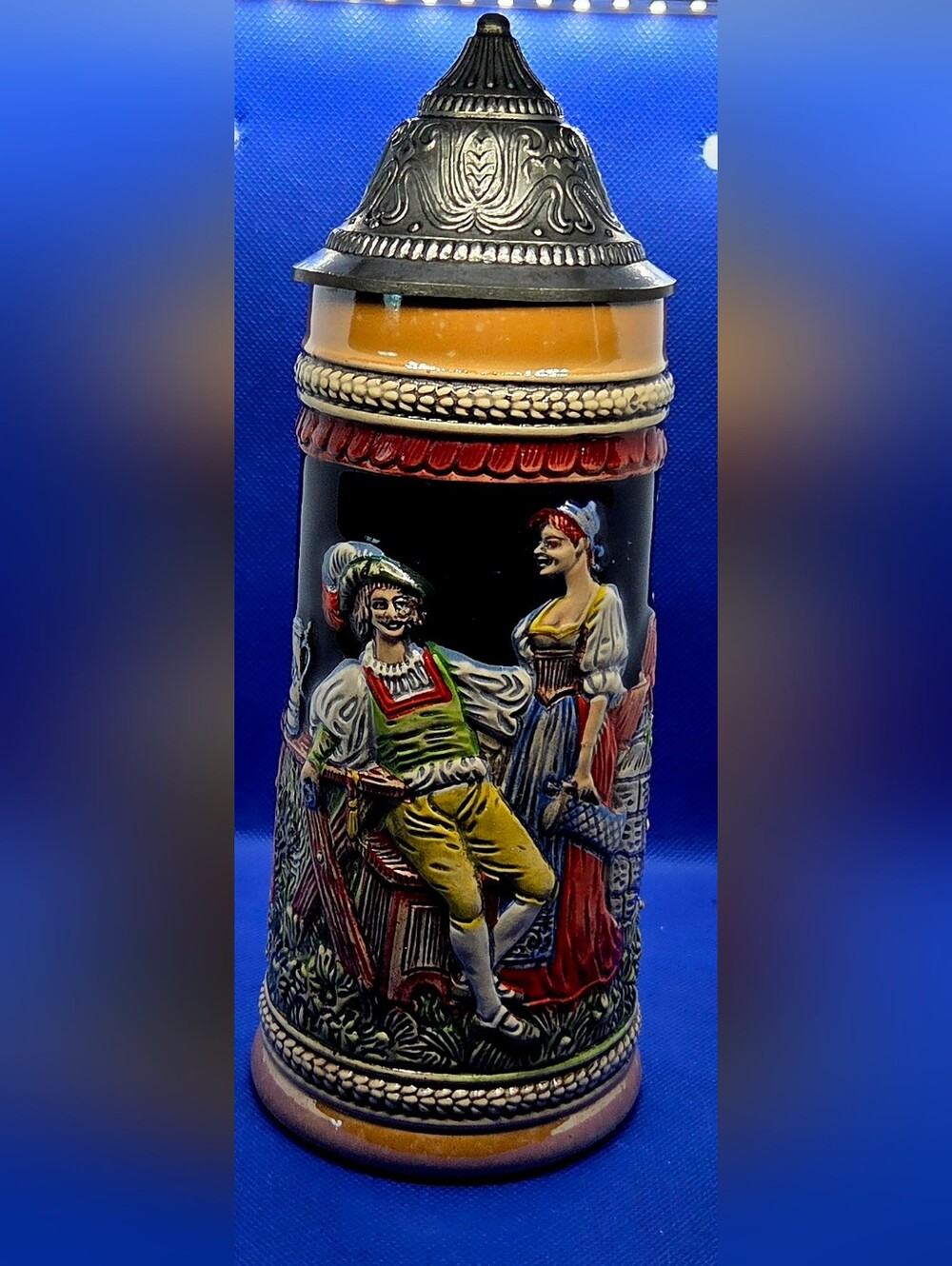 Ceramic Gerz Handled German Beer Stien With Pewter Lid